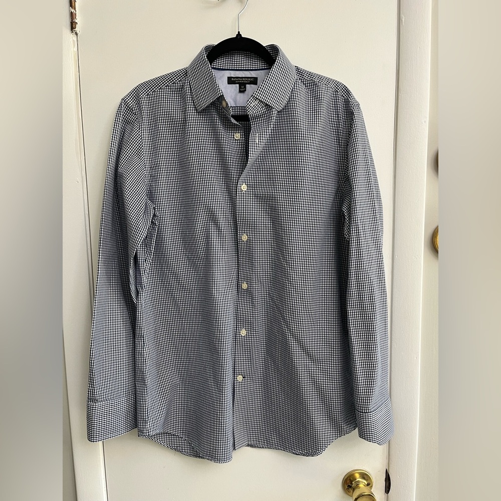 Banana Republic Navy Blue and White Gingham Shirt Slim Fit M
